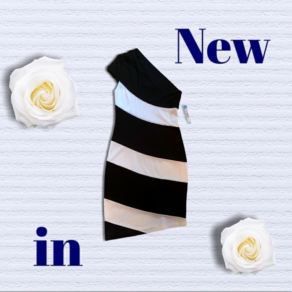 ALICE + OLIVIA BLK/WHT STRIPE SHOULDER DRESS S NWT - Picture 2 of 14